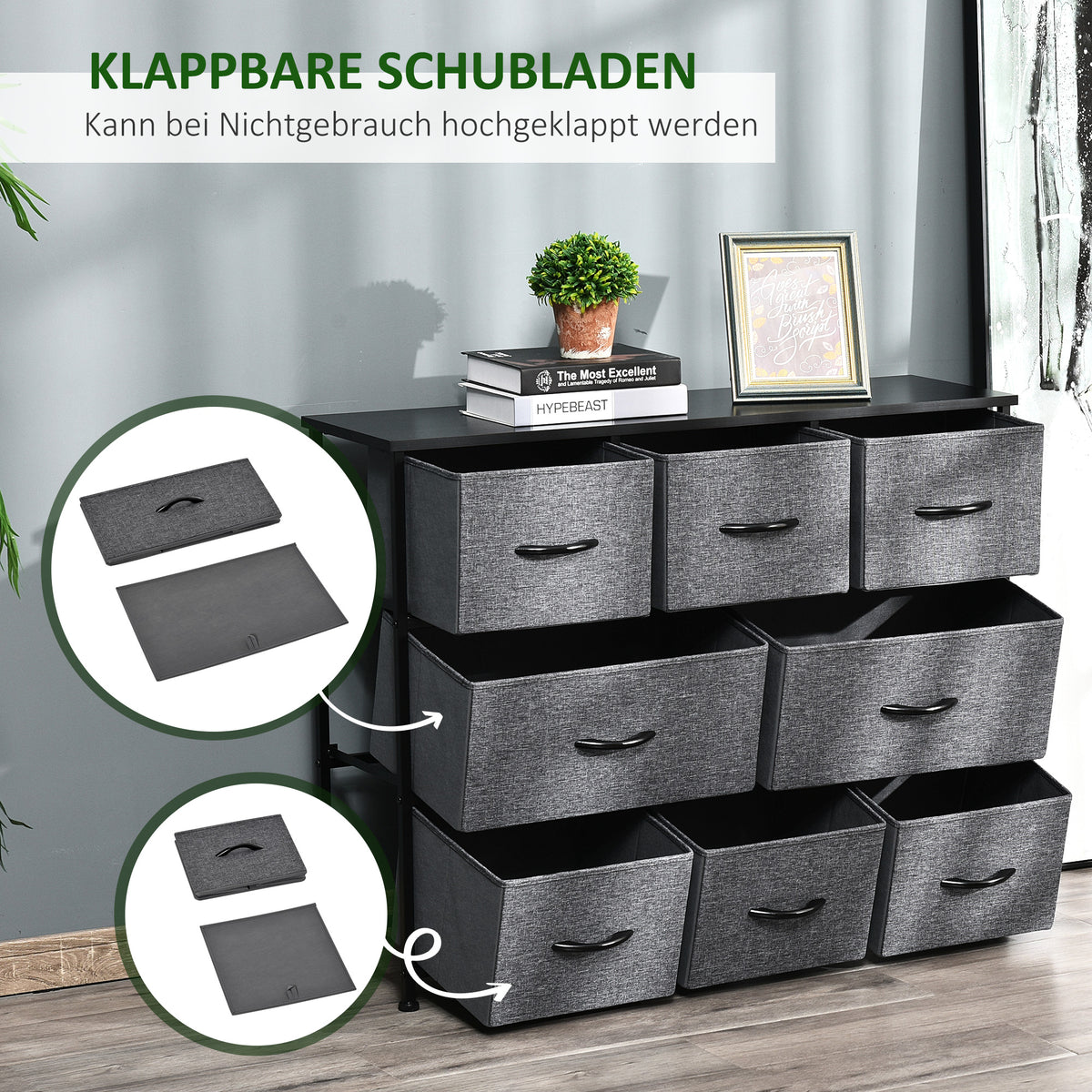 Kommode mit 8 Stoffschubladen und Metallrahmen
