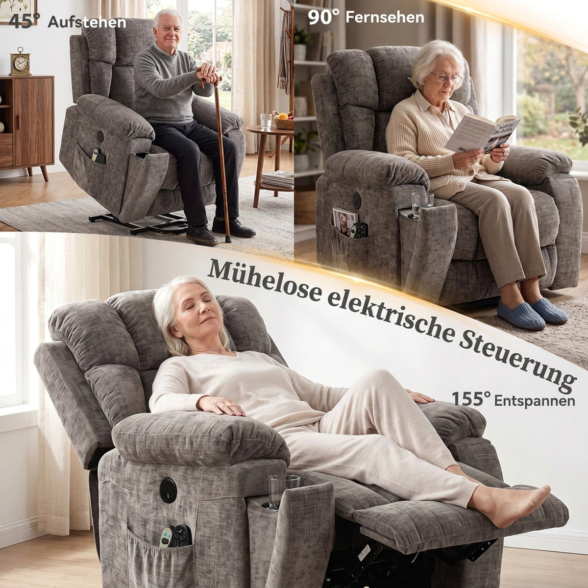 Elektrischer Relaxsessel mit Aufstehhilfe, Massage und Wärme