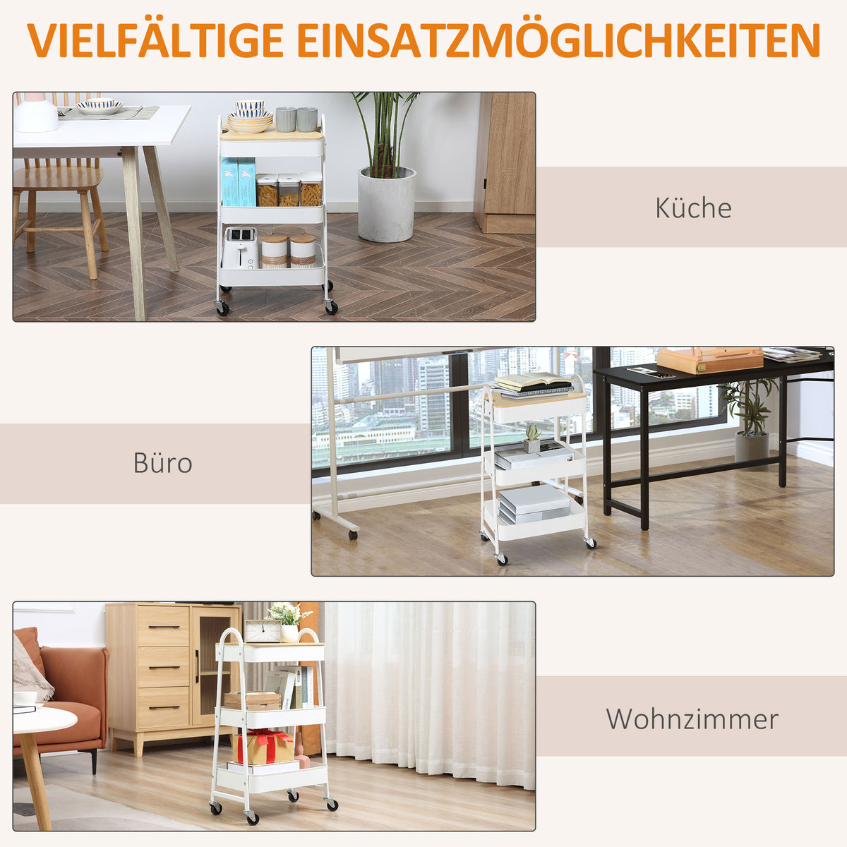 Küchenwagen mit drei Ebenen, Rollen und Deckel