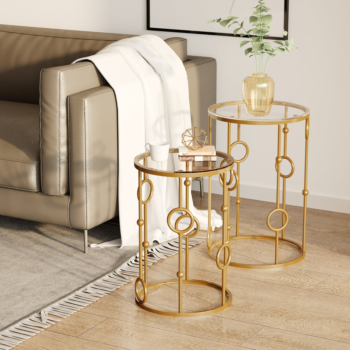 2er-Set Couchtische mit Glasplatten im Kugeldesign