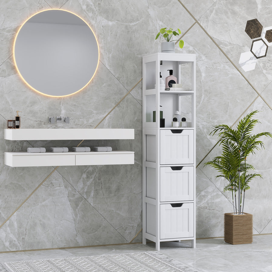 Schmaler Badezimmerschrank mit 2 Regalen und 3 Schubladen
