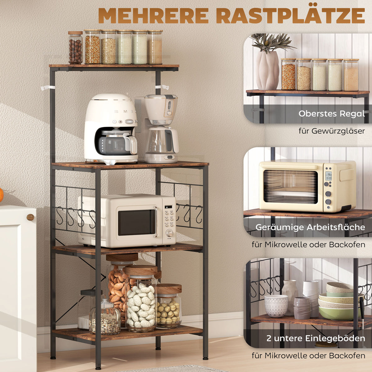 Küchenregal mit Arbeitsfläche und 8 Haken
