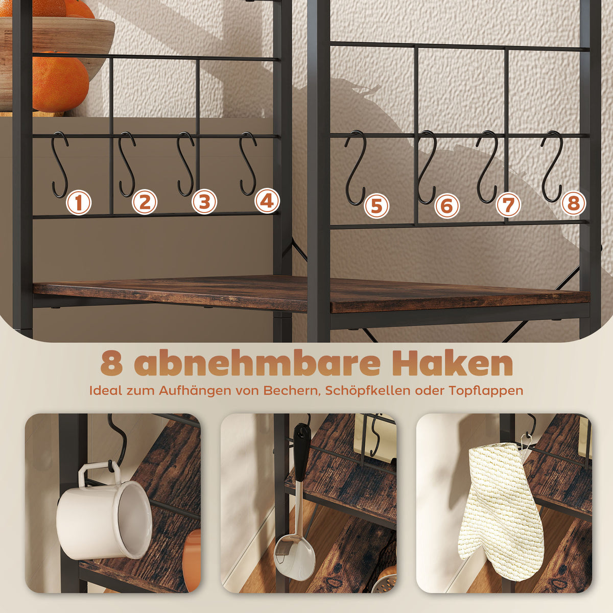 Küchenregal mit Arbeitsfläche und 8 Haken