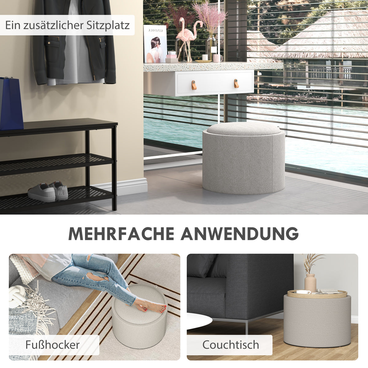 Polsterhocker mit Stauraum und Tablettdeckel