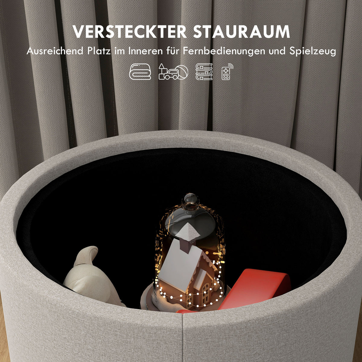 Polsterhocker mit Stauraum und Tablettdeckel