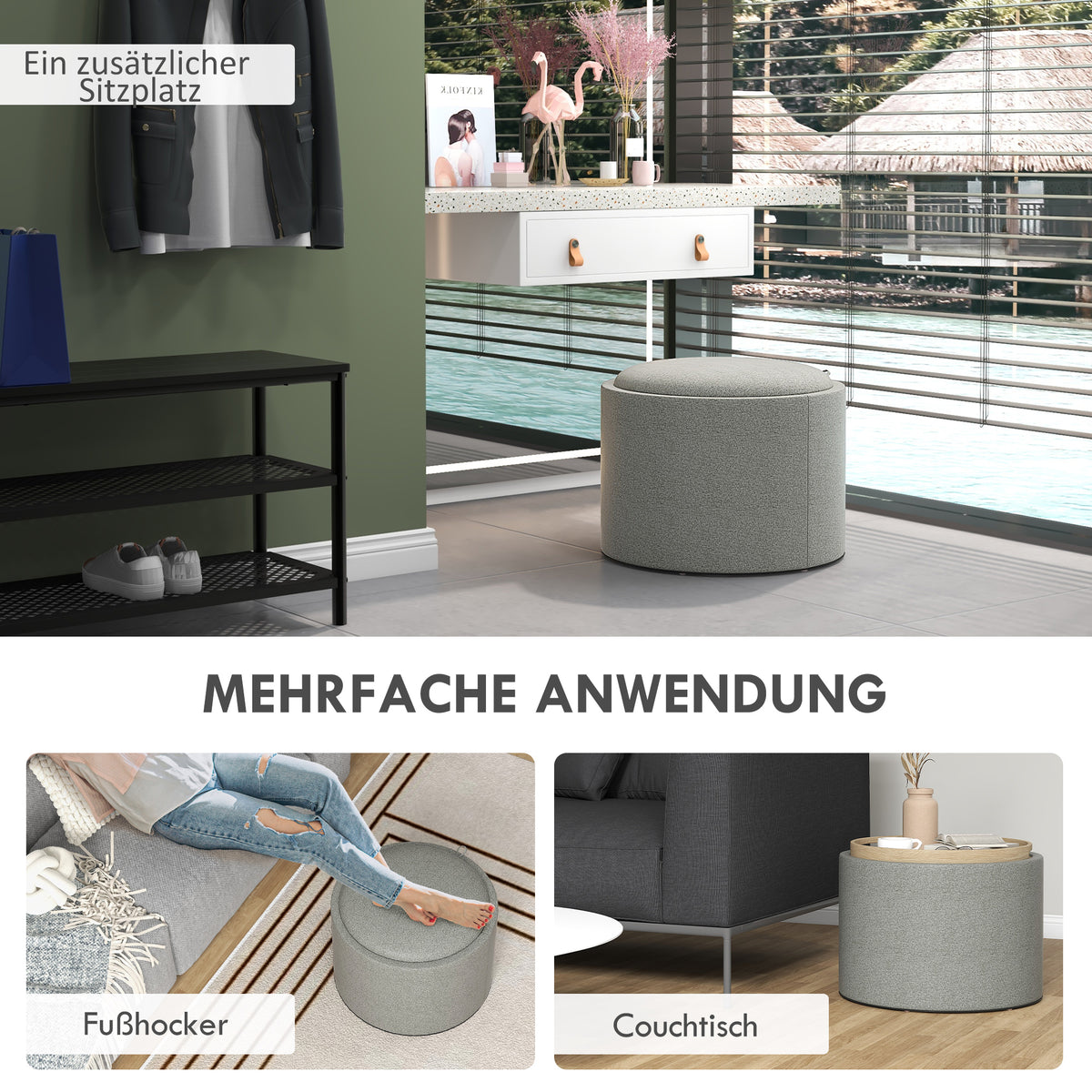 Polsterhocker mit Stauraum und Tablettdeckel