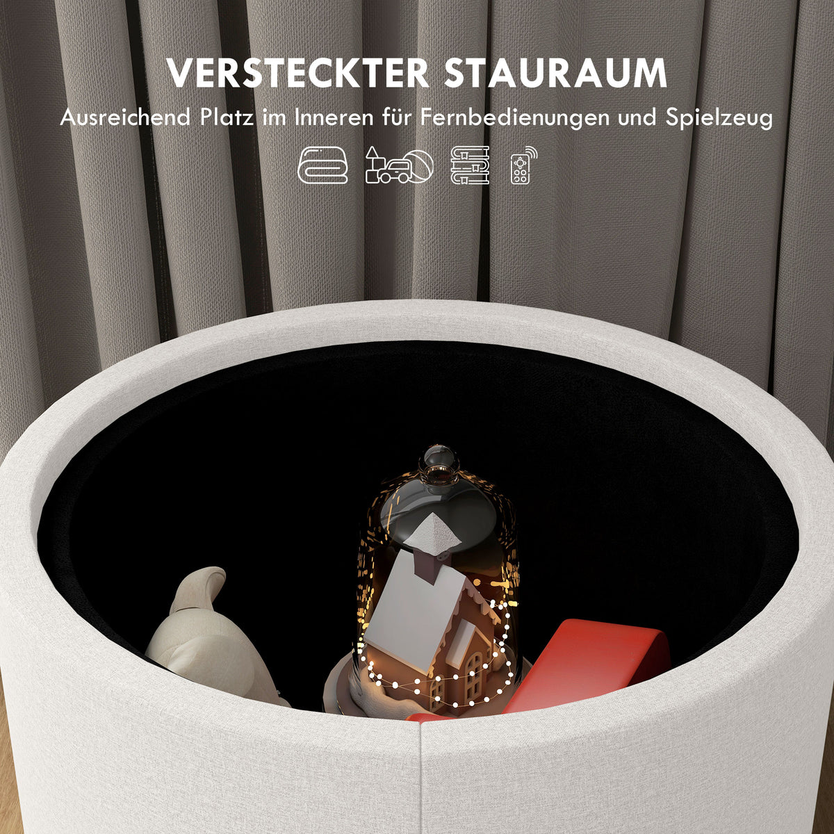 Polsterhocker mit Stauraum und Tablettdeckel