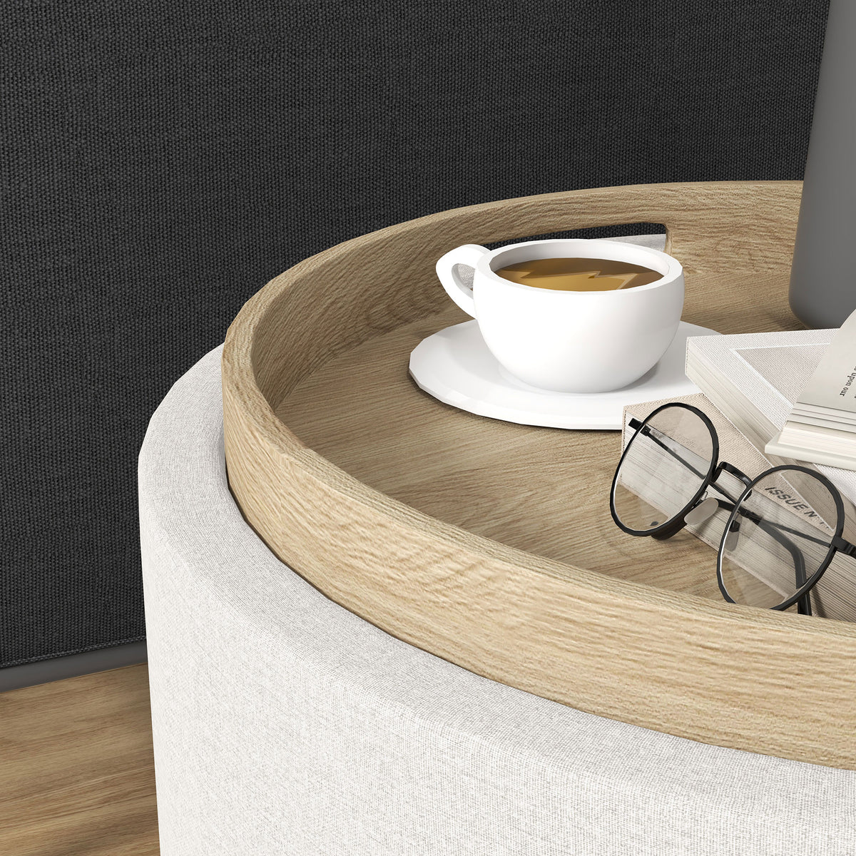 Polsterhocker mit Stauraum und Tablettdeckel