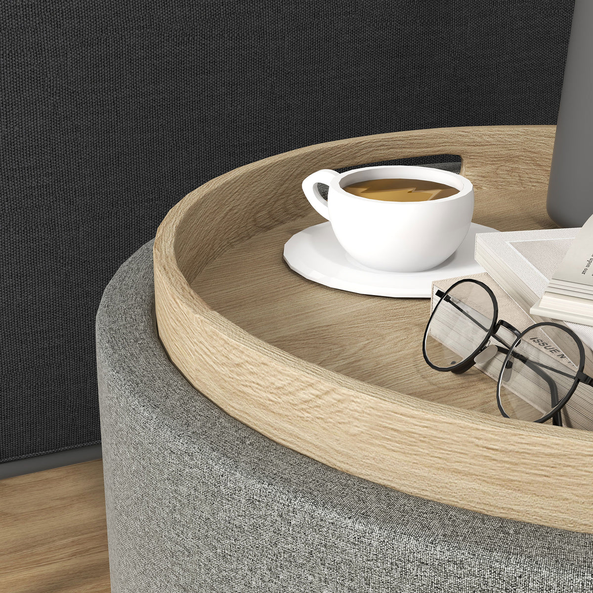 Polsterhocker mit Stauraum und Tablettdeckel