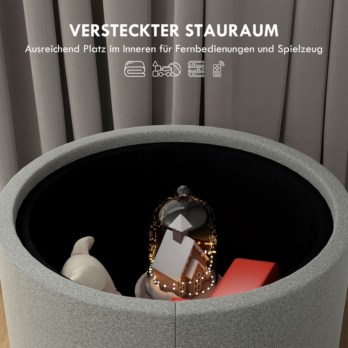 Polsterhocker mit Stauraum und Tablettdeckel