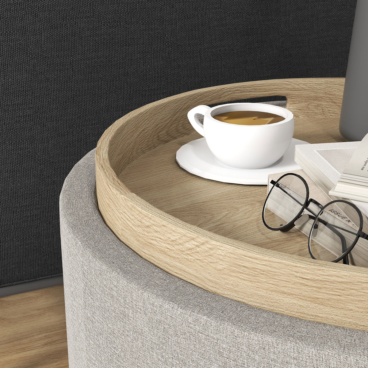 Polsterhocker mit Stauraum und Tablettdeckel