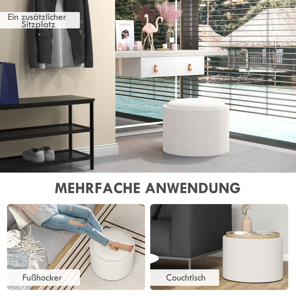 Polsterhocker mit Stauraum und Tablettdeckel