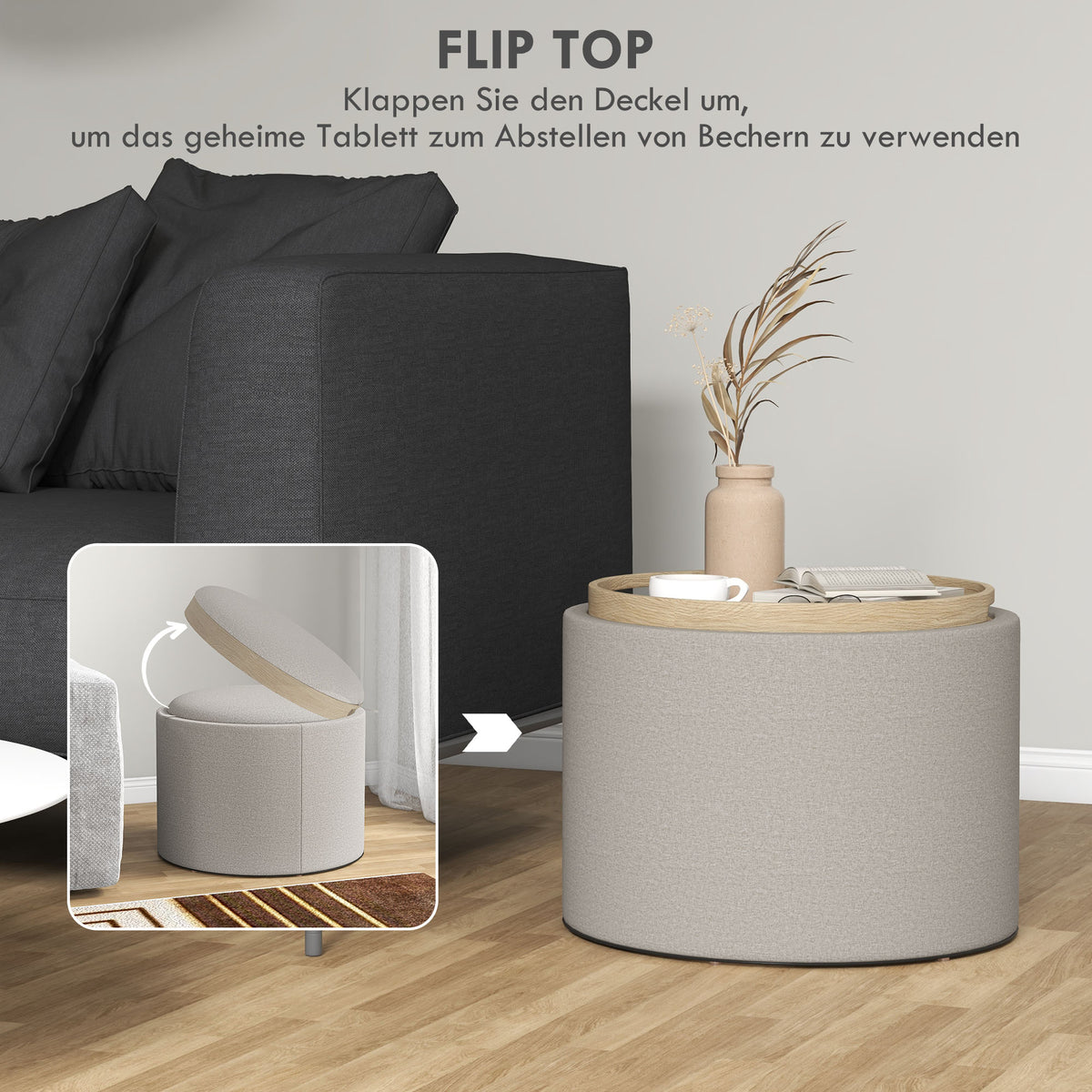 Polsterhocker mit Stauraum und Tablettdeckel