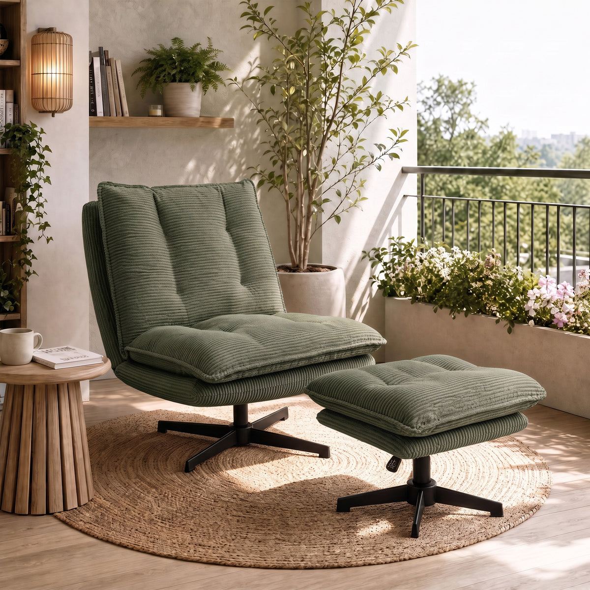 Loungesessel mit Hocker, 360° drehbar, Cord