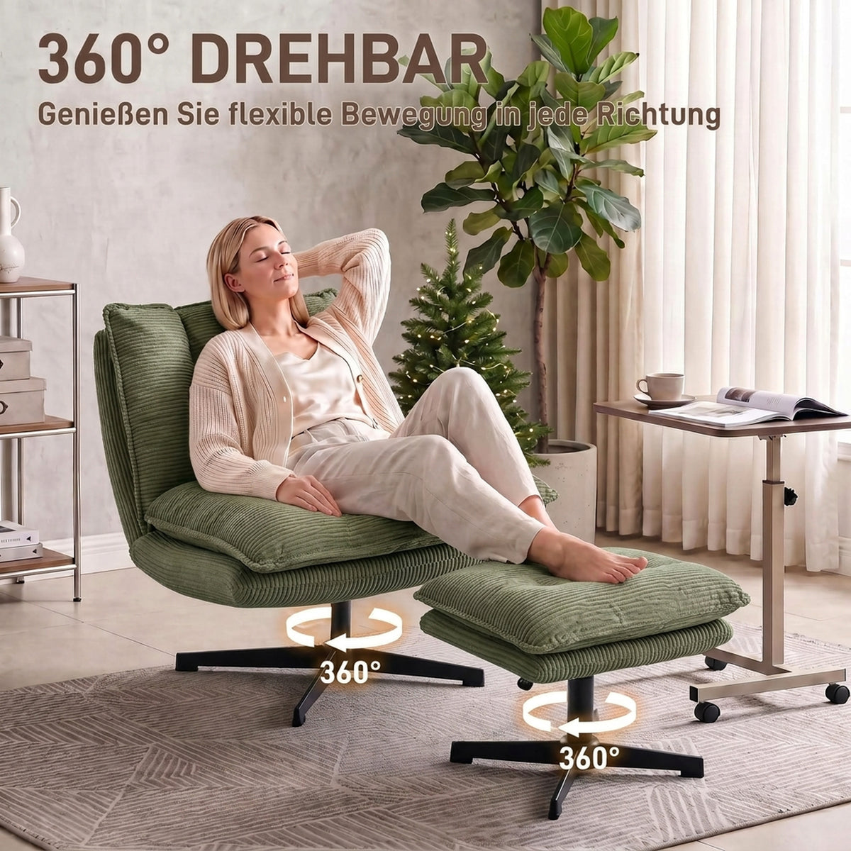 Loungesessel mit Hocker, 360° drehbar, Cord