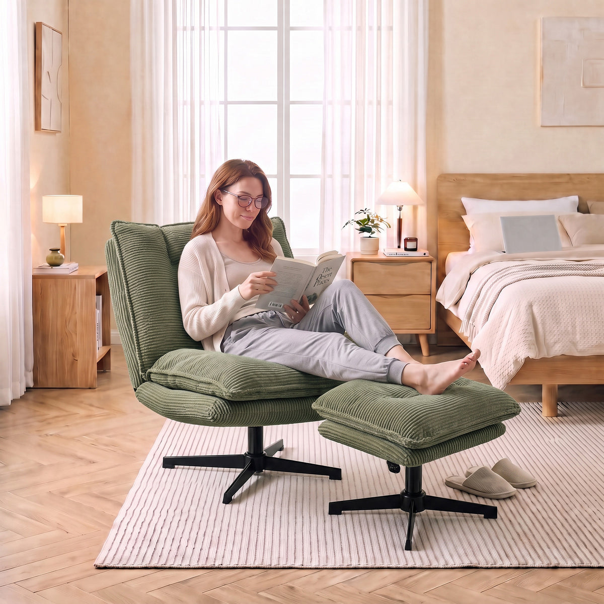 Loungesessel mit Hocker, 360° drehbar, Cord