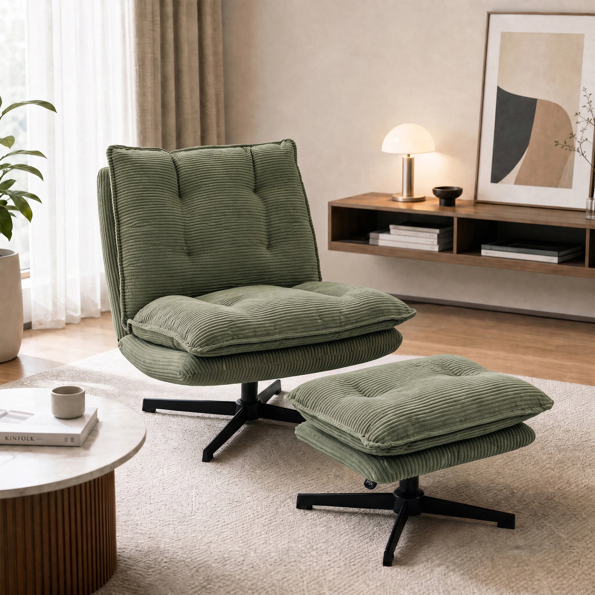 Loungesessel mit Hocker, 360° drehbar, Cord