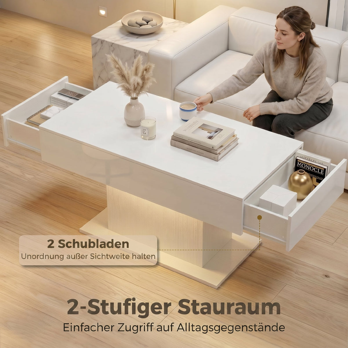LED-Couchtisch mit 2 Schubladen und Fernbedienung