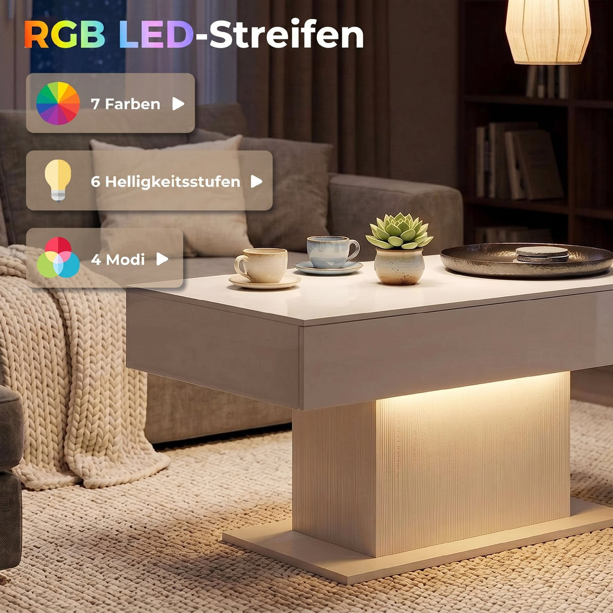 LED-Couchtisch mit 2 Schubladen und Fernbedienung
