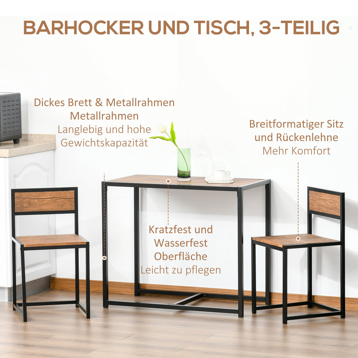 3-teiliges Bartisch-Set mit zwei Stühlen