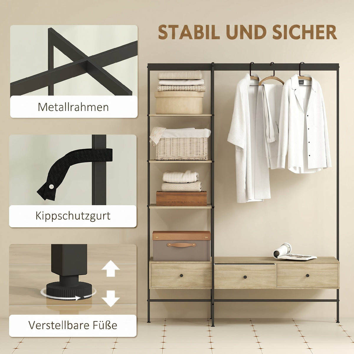 Garderobenständer mit Kleiderstange, Regalen und Schubladen