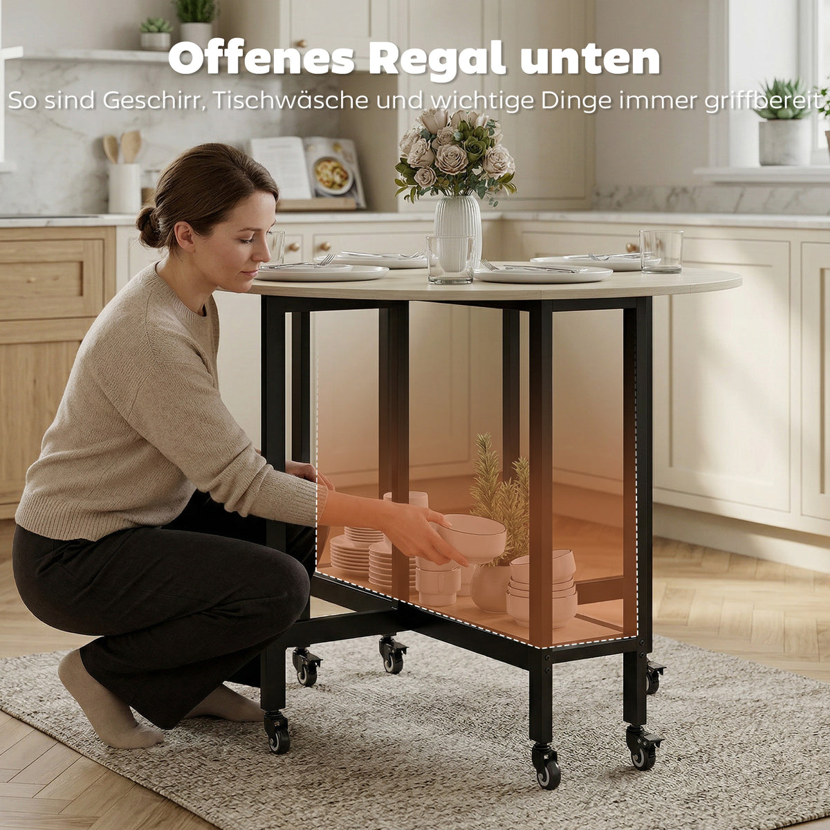 Klappbarer Esstisch mit Ablage und Rollen