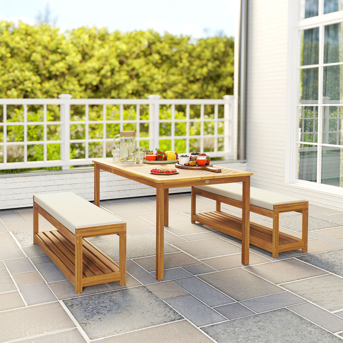 3-teiliges Gartenmöbel-Set mit Tisch und zwei Bänken