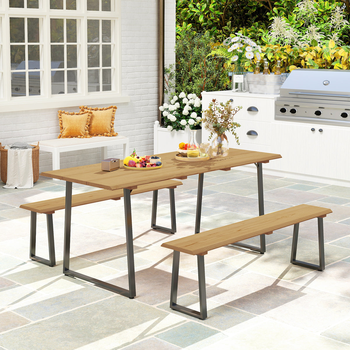 3-teiliges Gartenmöbel-Set mit Tisch und zwei Bänken