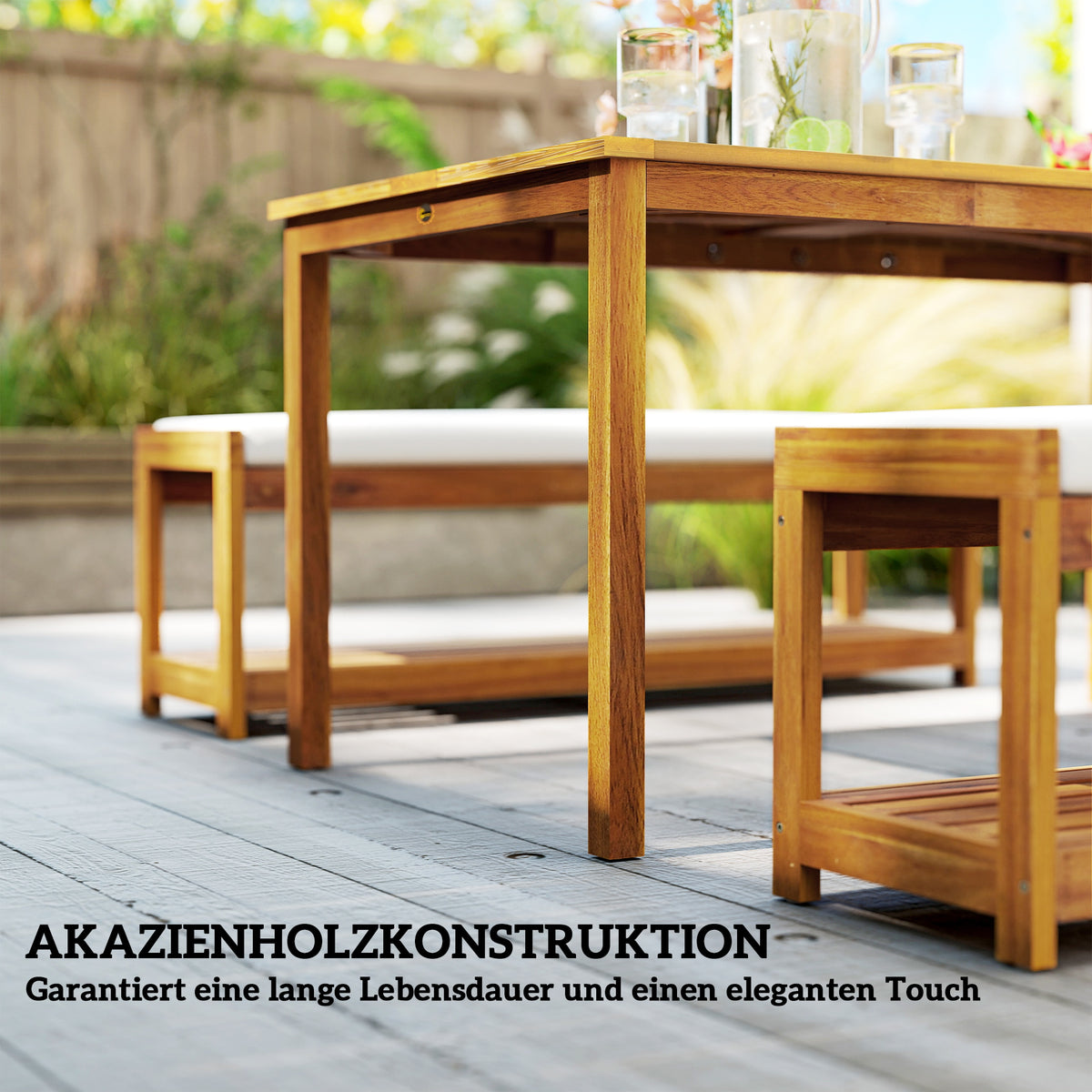 3-teiliges Gartenmöbel-Set mit Tisch und zwei Bänken