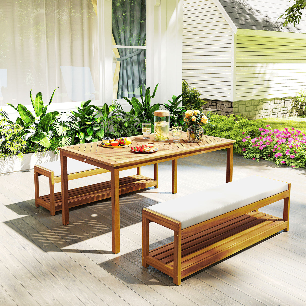 3-teiliges Gartenmöbel-Set mit Tisch und zwei Bänken