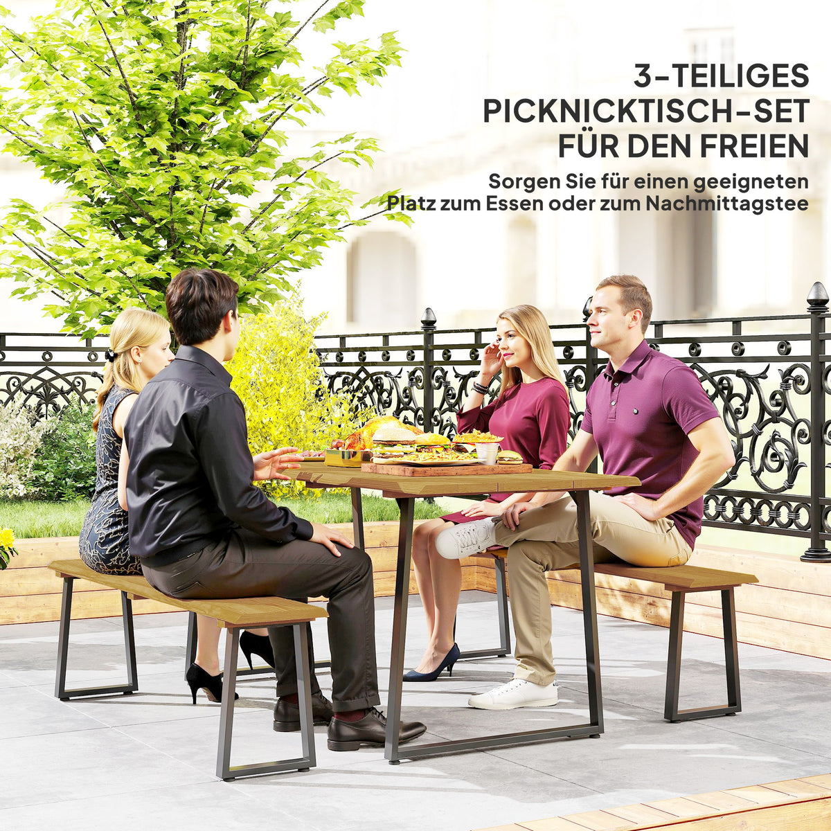 3-teiliges Gartenmöbel-Set mit Tisch und zwei Bänken