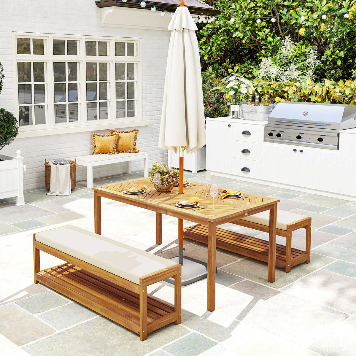 3-teiliges Gartenmöbel-Set mit Tisch und zwei Bänken