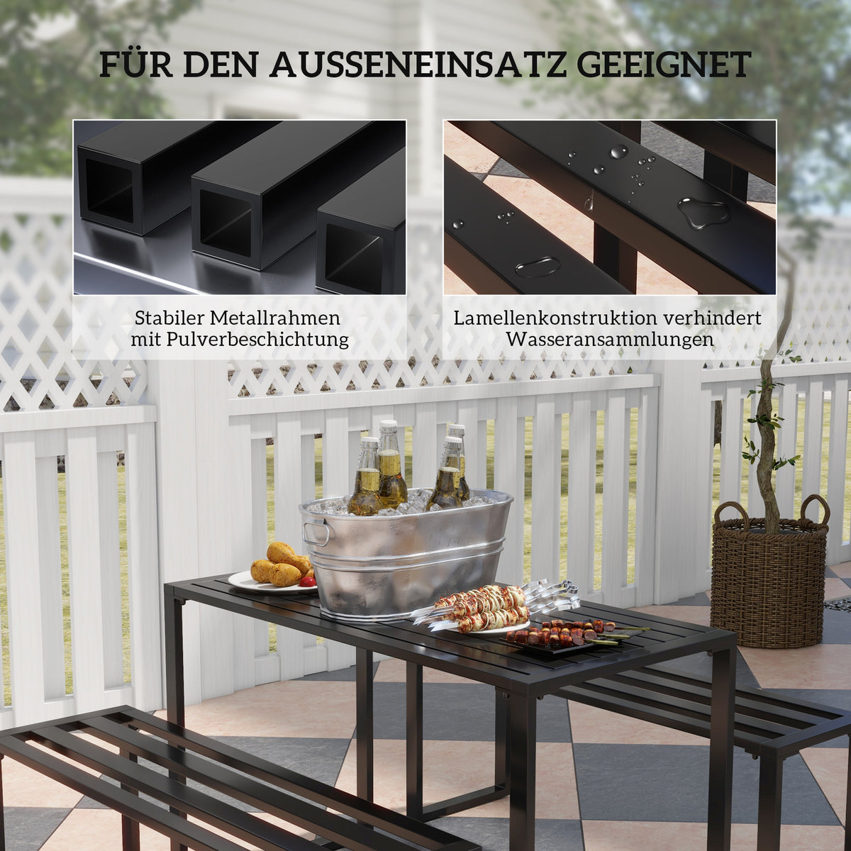 3-teiliges Gartenmöbel-Set mit Tisch und zwei Bänken