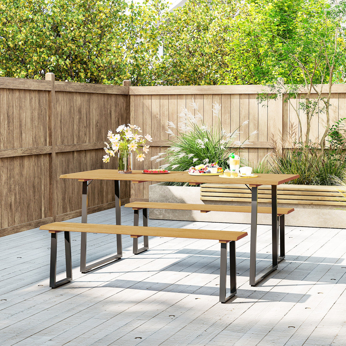 3-teiliges Gartenmöbel-Set mit Tisch und zwei Bänken