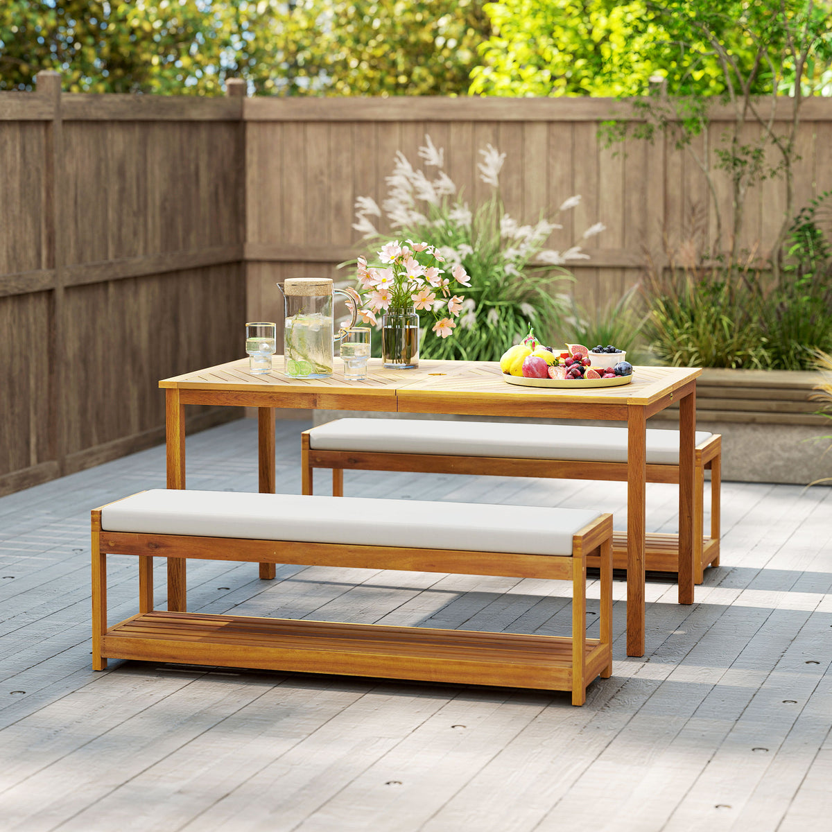3-teiliges Gartenmöbel-Set mit Tisch und zwei Bänken