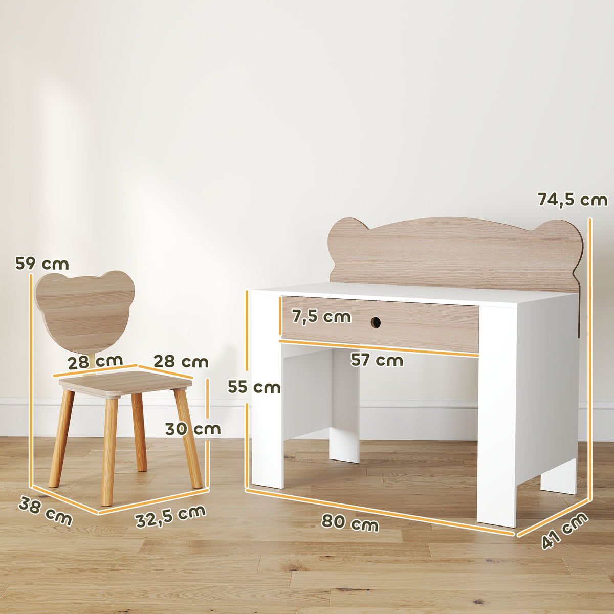 Kinderschreibtisch-Set mit Stuhl und Bärenlehne