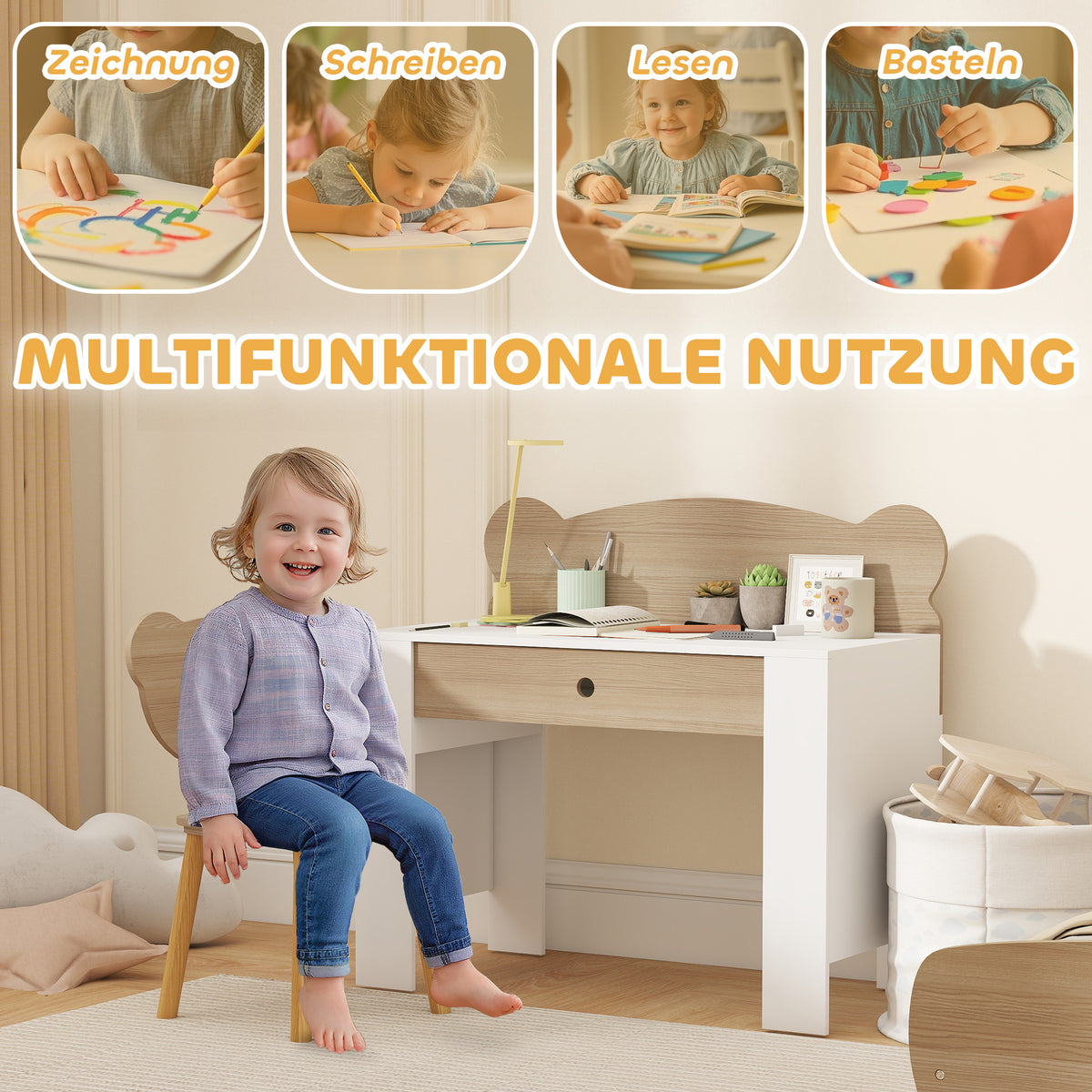Kinderschreibtisch-Set mit Stuhl und Bärenlehne