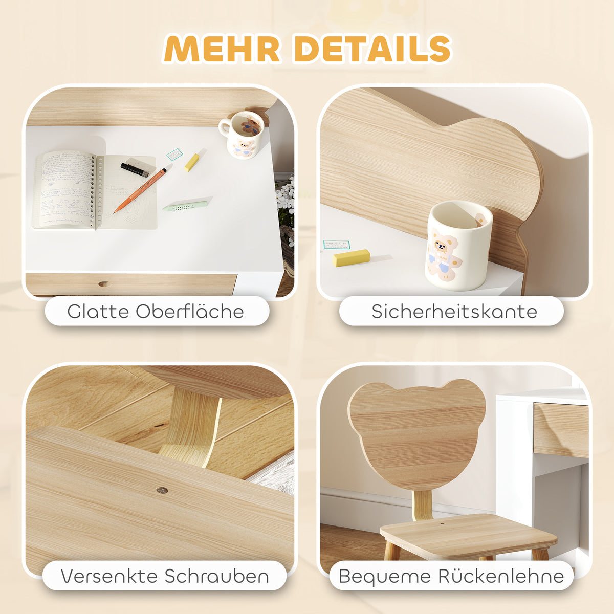 Kinderschreibtisch-Set mit Stuhl und Bärenlehne