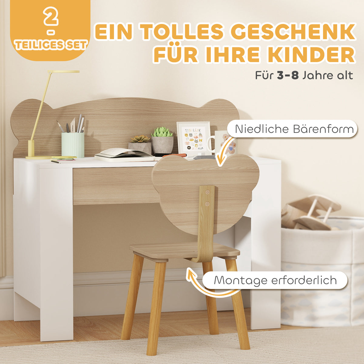 Kinderschreibtisch-Set mit Stuhl und Bärenlehne