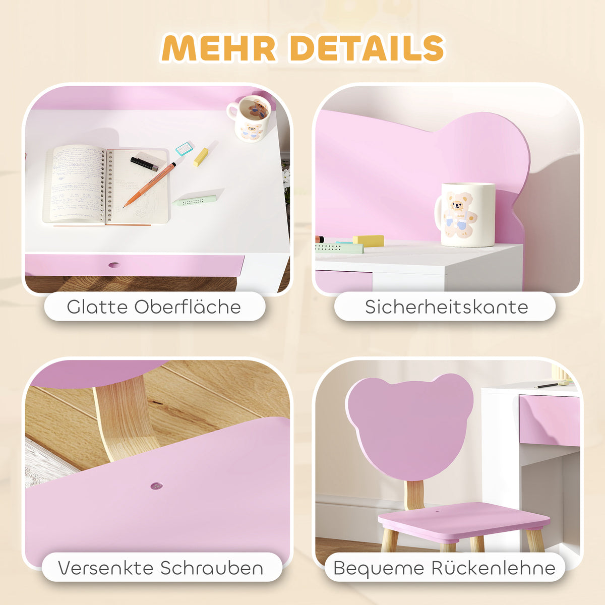 Kinderschreibtisch-Set mit Stuhl und Bärenlehne