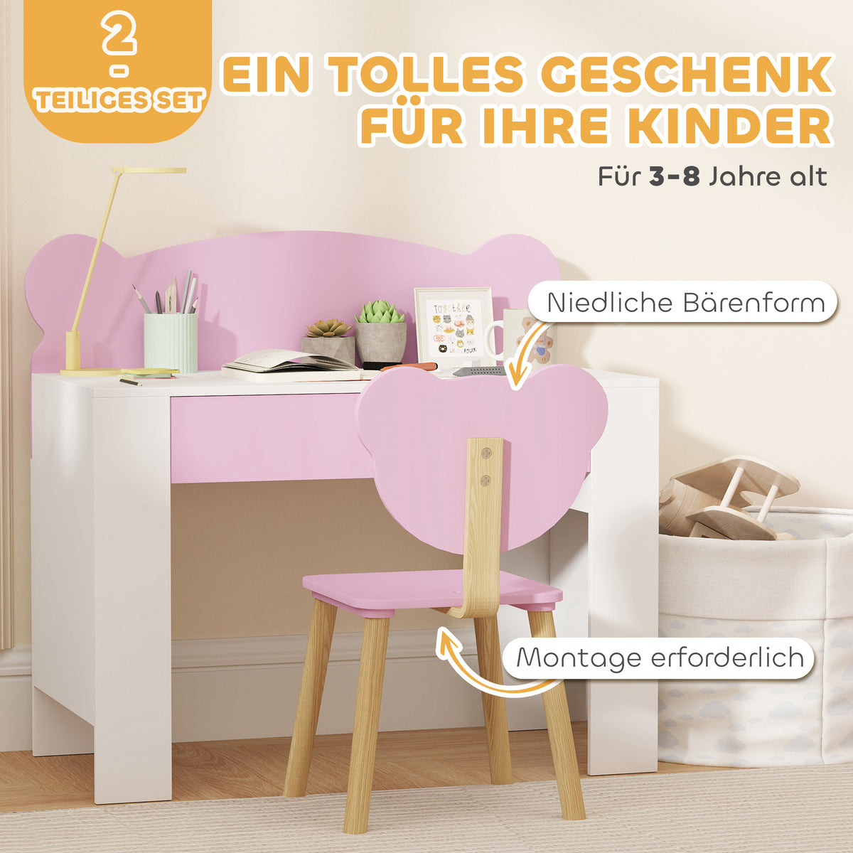 Kinderschreibtisch-Set mit Stuhl und Bärenlehne
