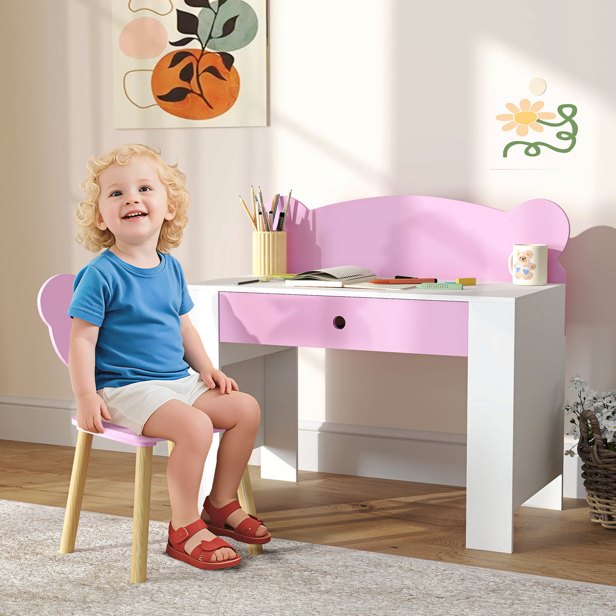 Kinderschreibtisch-Set mit Stuhl und Bärenlehne