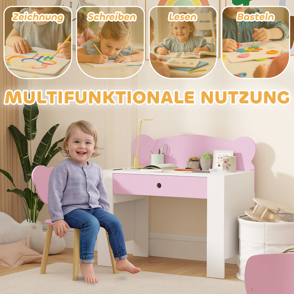 Kinderschreibtisch-Set mit Stuhl und Bärenlehne