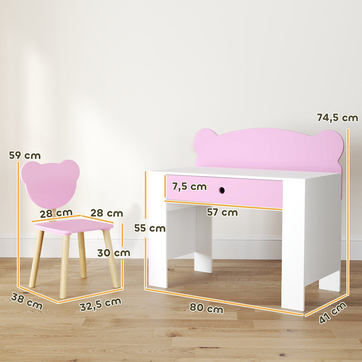 Kinderschreibtisch-Set mit Stuhl und Bärenlehne