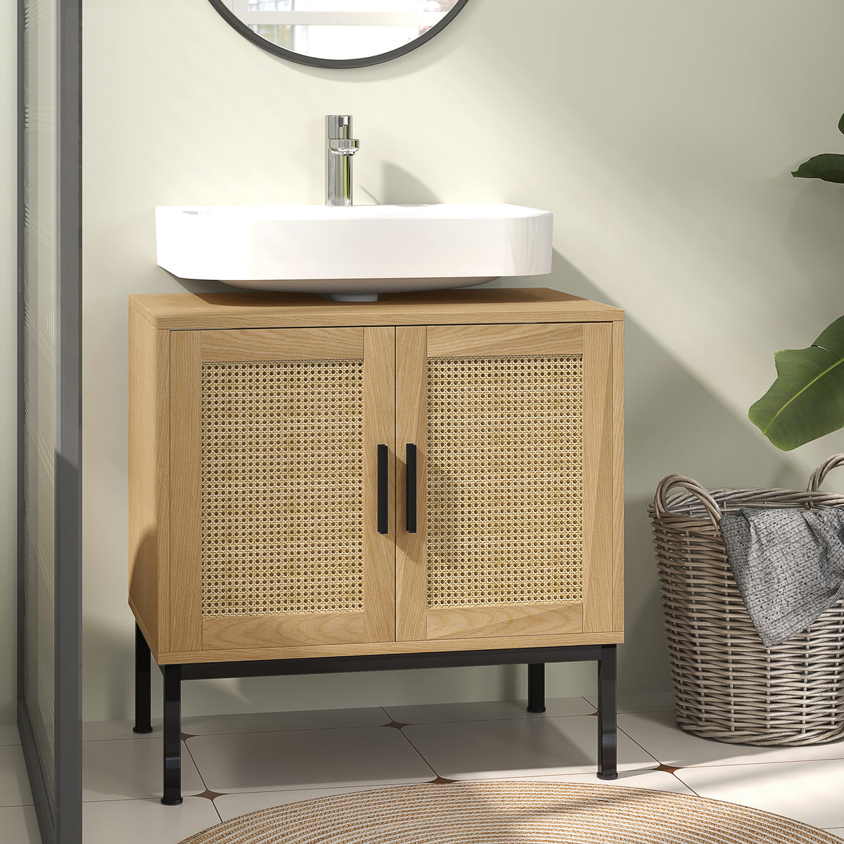 Waschbeckenunterschrank im Boho-Stil mit Rattan