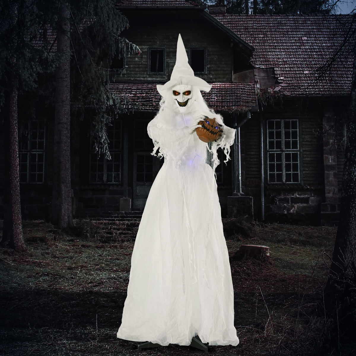 Halloween-Hexenfigur mit Kürbis und Leuchtaugen, 189 cm