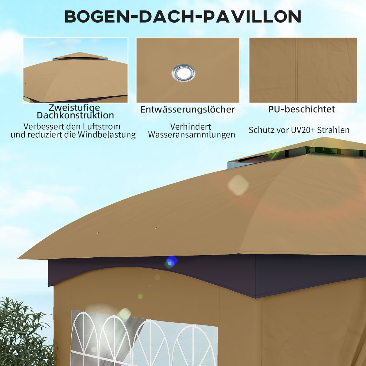 Gartenpavillon mit Lüftungsdach und Bogenfenstern
