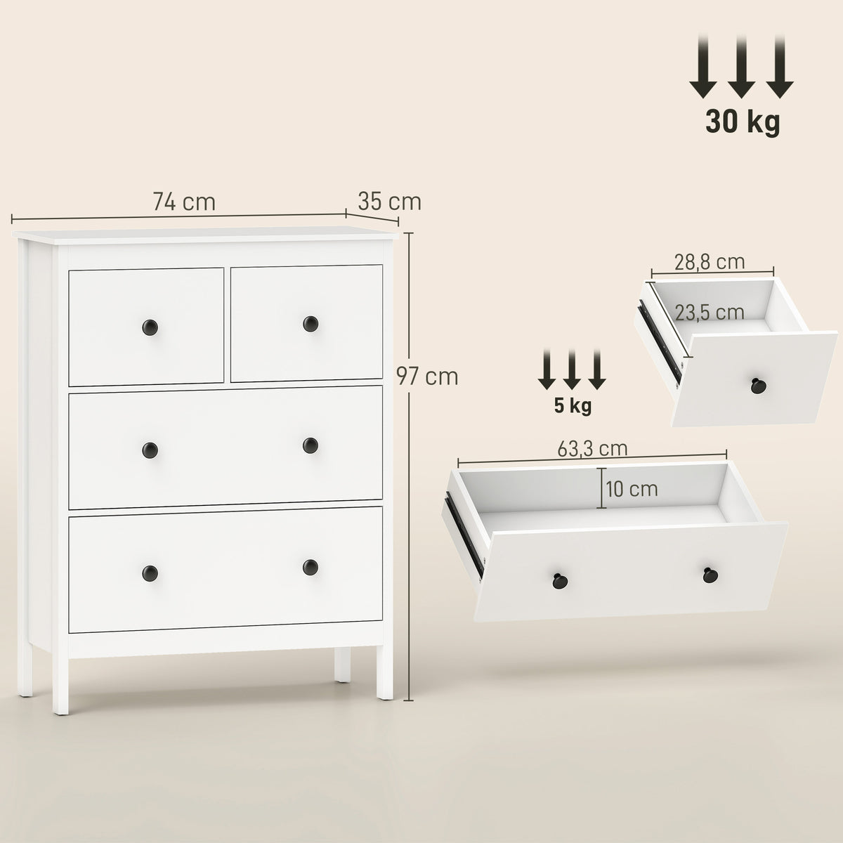 Kommode mit 4 Schubladen und Kugelauszügen