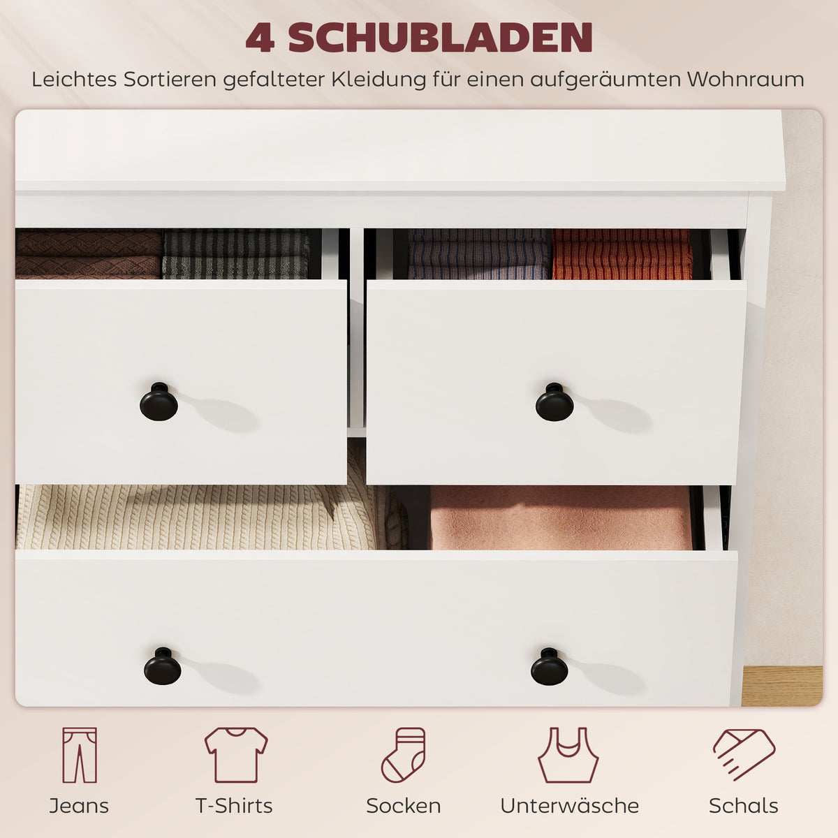 Kommode mit 4 Schubladen und Kugelauszügen