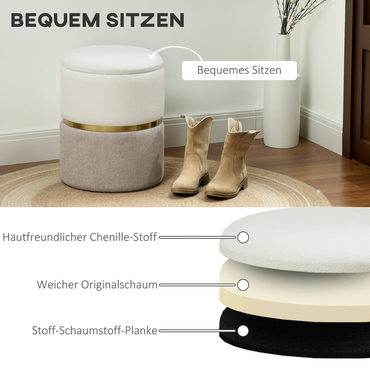 Runder Sitzhocker mit Stauraum und Metallring